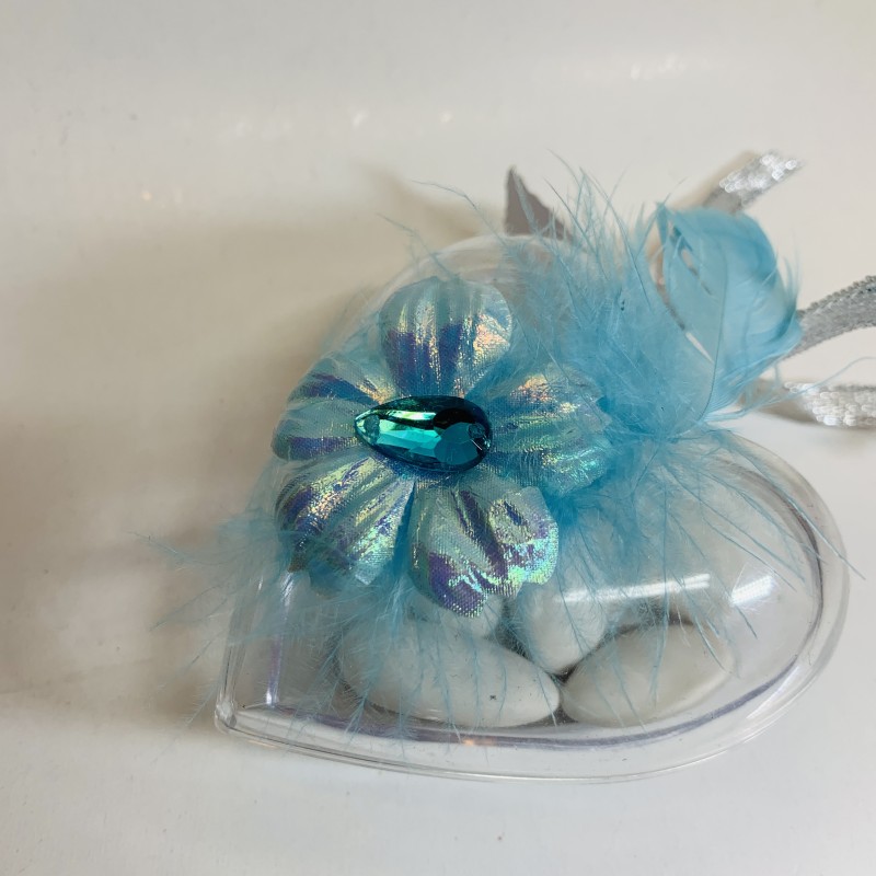 Boite coeur plexi fleur turquoise avec dragées