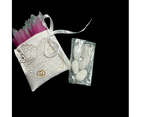 Pochon blanc satin brodé colombe alliance
