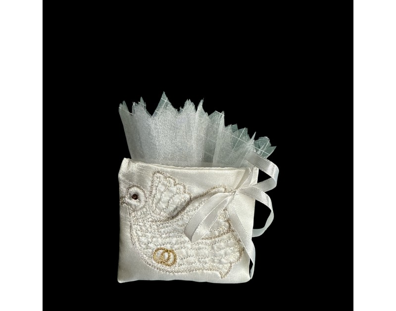 Pochon blanc satin brodé colombe alliance