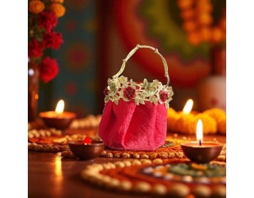 Mini seau Diwali en soie rouge Pochette festive