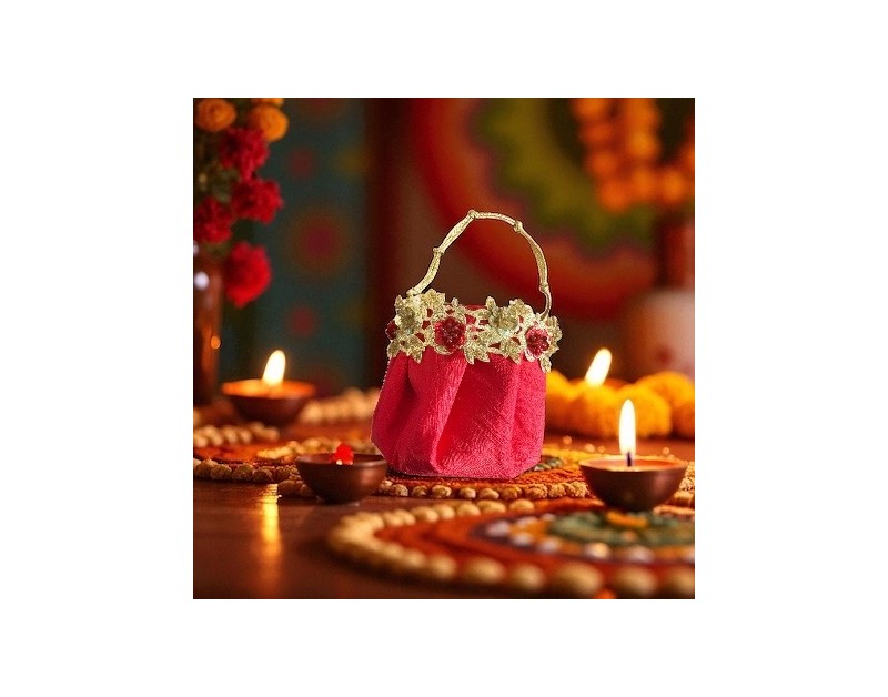 Sac seau Diwali en soie rouge Pochette festive
