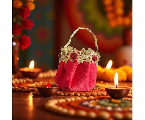 Mini seau Diwali en soie rouge Pochette festive