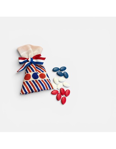 Pochon à dragées bleu blanc rouge avec ruban tricolore et dragées assorties pour mariage, baptême ou fête du 14 juillet.