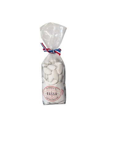 Sachet de 250 g de dragées blanches aux amandes Rassa Dragées avec ruban tricolore, idéal pour mariage, baptême et communion.