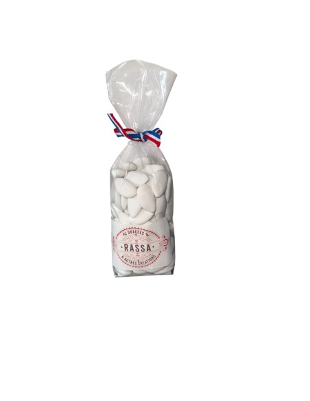 Sachet de 250 g de dragées blanches aux amandes Rassa Dragées avec ruban tricolore, idéal pour mariage, baptême et communion.