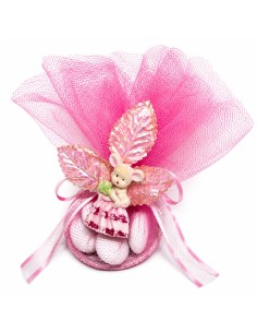 Anneau porte-dragées rose baptême avec figurine
