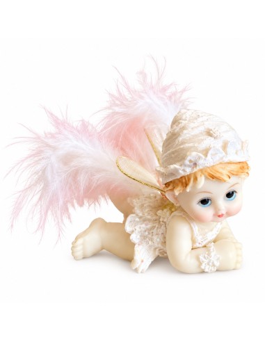 Figurine ange bébé avec plumes roses baptême
