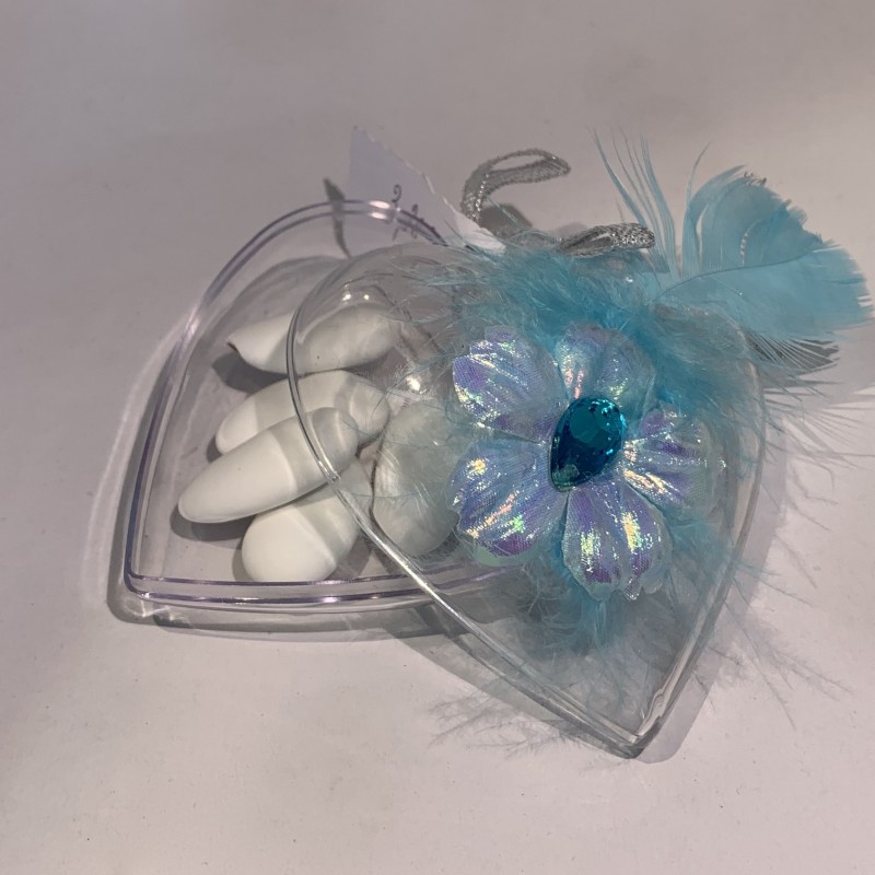 Boite coeur plexi fleur turquoise avec dragées
